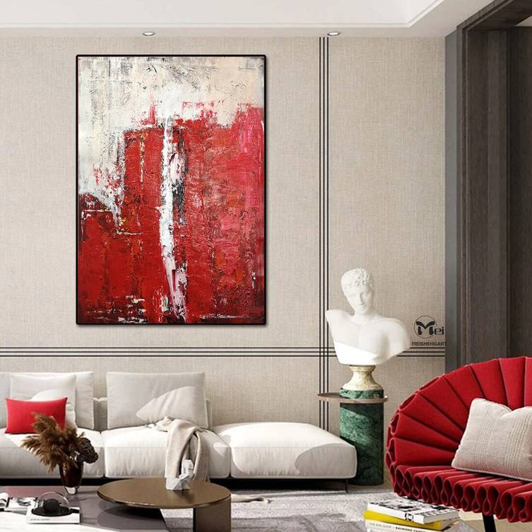 White Original Hand-painted Dining Red Abstract Canvas Artwork 0DZM6